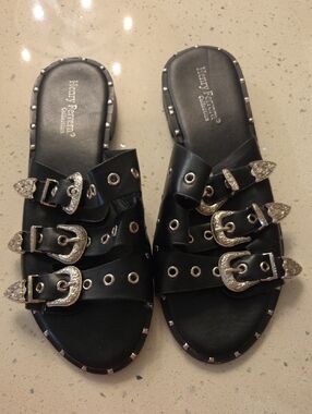 Henry Ferrera Black Leather Triple Buckle Slide Sandals